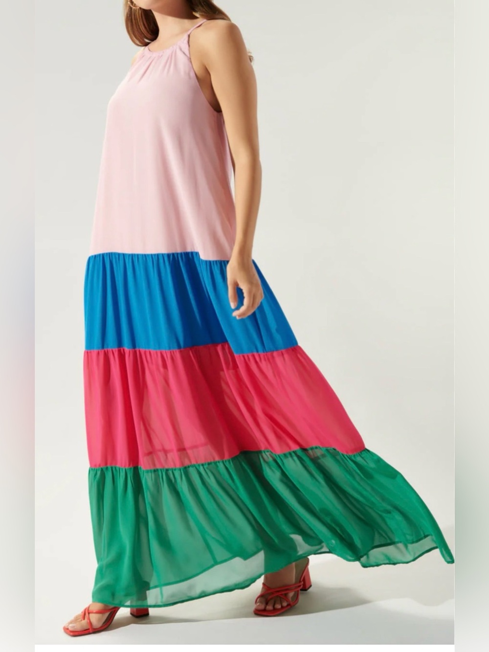 Carole christian Maxi Dress Pink Green Blue  Sz L  Sleeveless